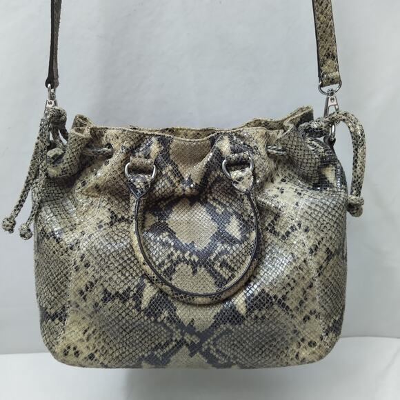 Michael Kors Gray Leather Python Embossed Pushlock Drawstring Satchel Bag - Picture 3 of 16